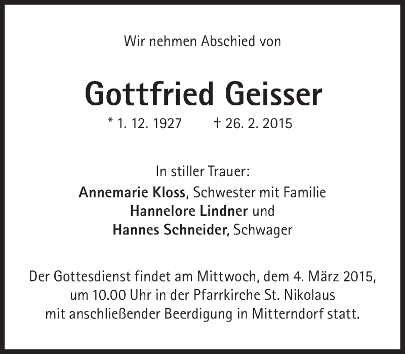  Traueranzeige für Gottfried Geisser vom 28.02.2015 aus Süddeutsche Zeitung