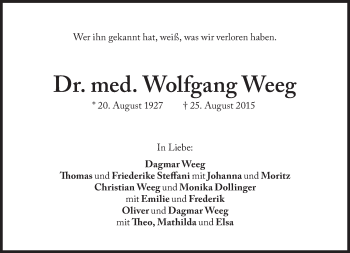 Traueranzeige von Wolfgang Weeg von Süddeutsche Zeitung