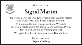 Traueranzeige von Sigrid Martin von Süddeutsche Zeitung