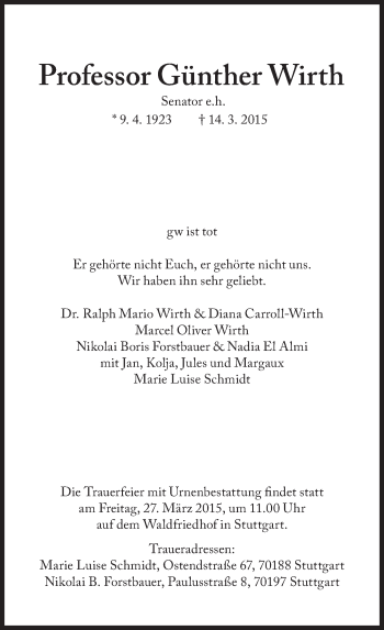 Traueranzeige von Günther Wirth von Süddeutsche Zeitung