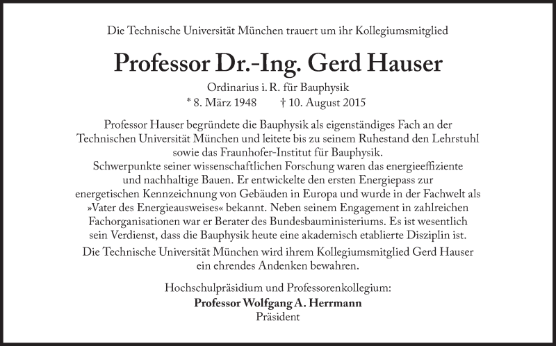  Traueranzeige für Prof. Dr.-Ing. Gerd Hauser vom 14.08.2015 aus Süddeutsche Zeitung