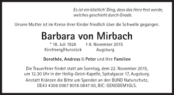 Traueranzeige von Barbara von Mirbach von Süddeutsche Zeitung