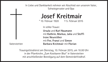 Traueranzeige von Josef Kreitmair von Süddeutsche Zeitung