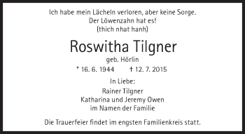 Traueranzeige von Roswitha Tilgner von Süddeutsche Zeitung
