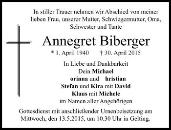 Traueranzeige von Annegret Biberger von Süddeutsche Zeitung