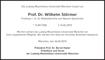Traueranzeige von Prof. Dr. Wilhelm Störmer von Süddeutsche Zeitung