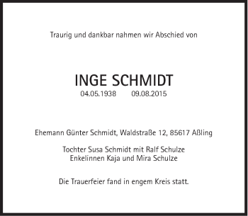 Traueranzeige von Inge Schmidt von Süddeutsche Zeitung