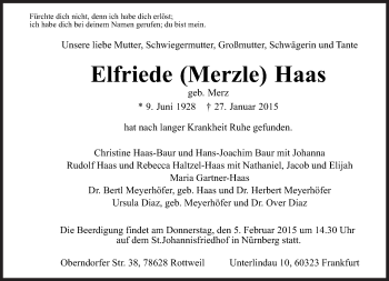 Traueranzeige von Elfriede Haas von Süddeutsche Zeitung