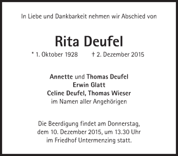 Traueranzeige von Rita Deufel  von Süddeutsche Zeitung