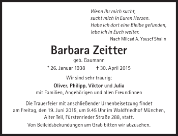 Traueranzeige von Barbara Zeitter von Süddeutsche Zeitung