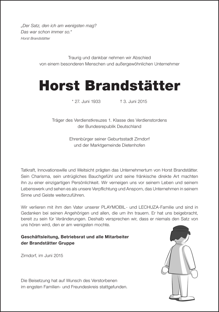  Traueranzeige für Horst Brandstätter vom 13.06.2015 aus Süddeutsche Zeitung