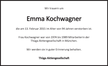 Traueranzeige von Emma Kochwagner von Süddeutsche Zeitung