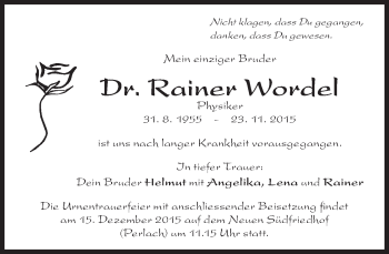 Traueranzeige von Rainer Wordel von Süddeutsche Zeitung