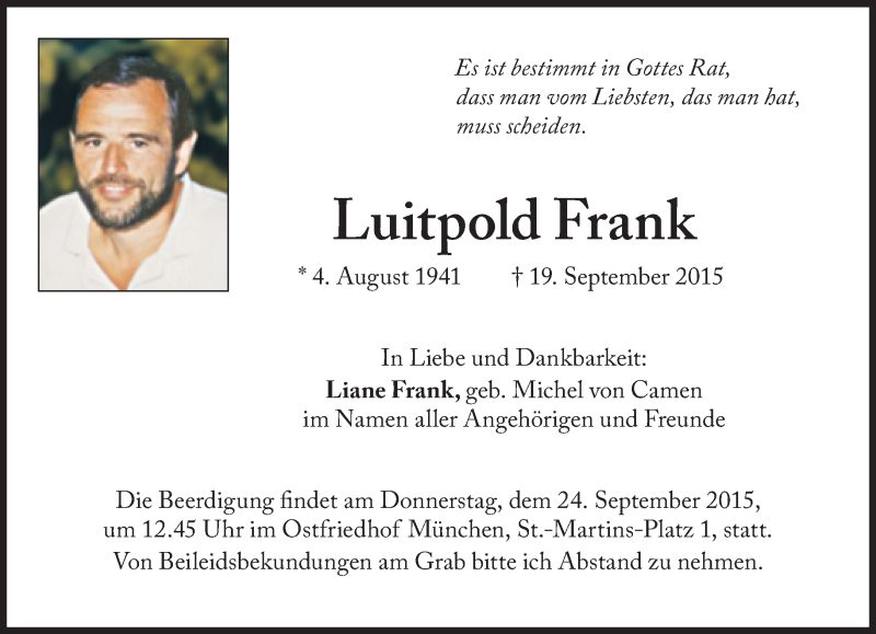  Traueranzeige für Luitpold Frank vom 22.09.2015 aus Süddeutsche Zeitung