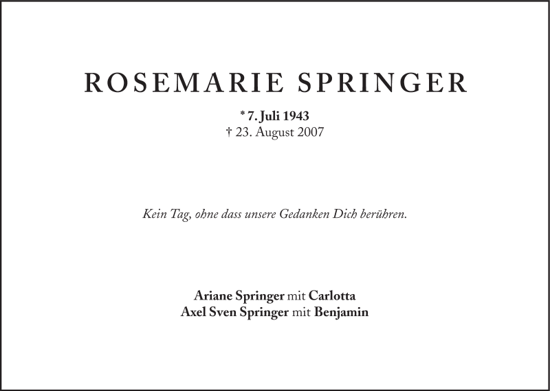  Traueranzeige für Rosemarie Springer vom 07.07.2015 aus Süddeutsche Zeitung