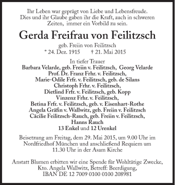 Traueranzeige von Gerda  von Feilitzsch von Süddeutsche Zeitung