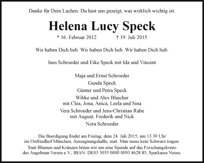  Traueranzeige für Helena Lucy Speck vom 23.07.2015 aus Süddeutsche Zeitung