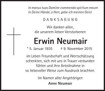 Traueranzeige von Erwin Neumair von Süddeutsche Zeitung