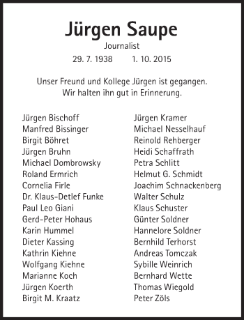 Traueranzeige von Saupe Jürgen von Süddeutsche Zeitung