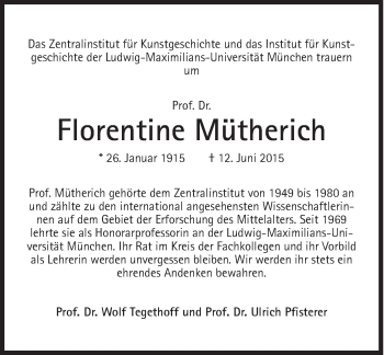 Traueranzeige von Florentine Mütherich von Süddeutsche Zeitung