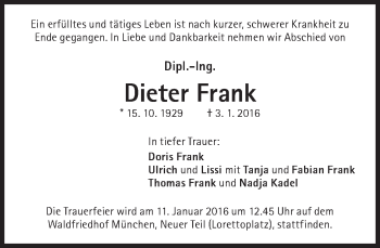 Traueranzeige von Dieter Frank von Süddeutsche Zeitung
