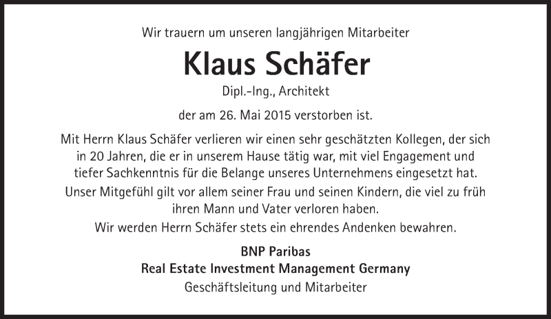  Traueranzeige für Klaus Schäfer vom 30.05.2015 aus Süddeutsche Zeitung