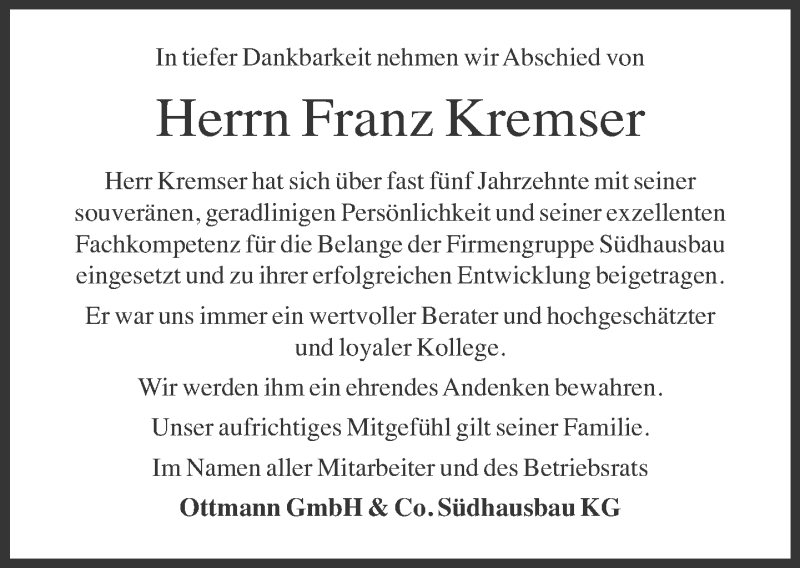 Traueranzeige für Franz Kremser vom 26.02.2015 aus Süddeutsche Zeitung