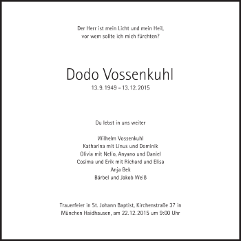 Traueranzeige von Dodo Vossenkuhl von Süddeutsche Zeitung