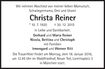 Traueranzeige von Christa Reiner von Süddeutsche Zeitung