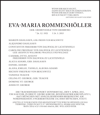 Traueranzeige von Eva-Maria Rommenhöller von Süddeutsche Zeitung