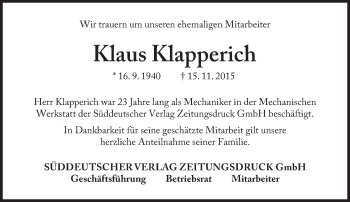 Traueranzeige von Klaus Klapperich von Süddeutsche Zeitung