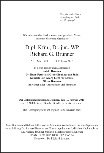 Traueranzeige von Richard Brunner von Süddeutsche Zeitung
