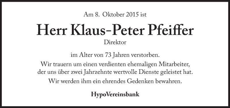  Traueranzeige für Klaus Peter Pfeiffer vom 14.10.2015 aus Süddeutsche Zeitung