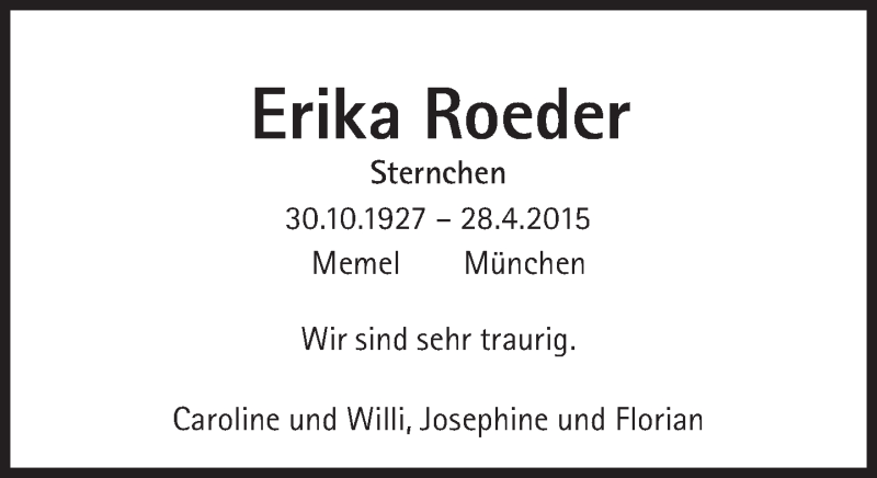  Traueranzeige für Erika Roeder vom 02.05.2015 aus Süddeutsche Zeitung