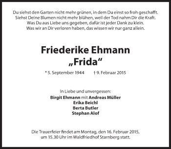Traueranzeige von Friederike Ehmann von Süddeutsche Zeitung