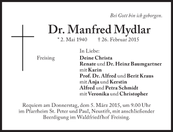 Traueranzeige von Manfred Mydlar von Süddeutsche Zeitung