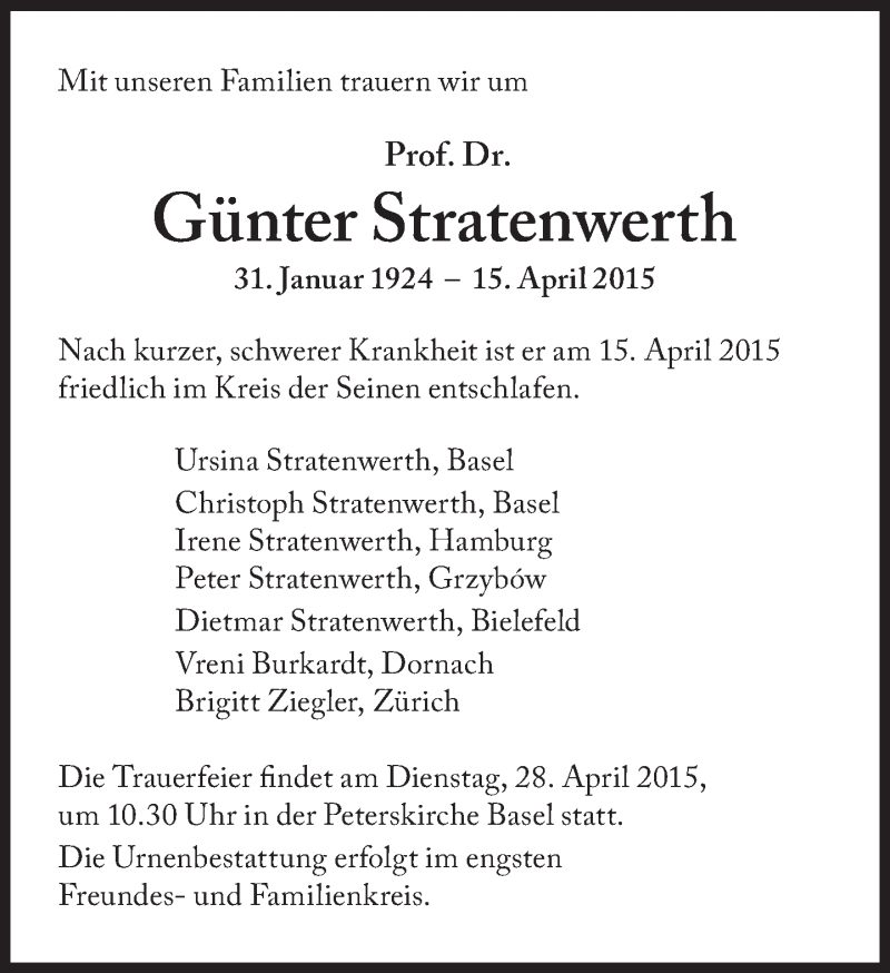  Traueranzeige für Günter Stratenwerth vom 21.04.2015 aus Süddeutsche Zeitung