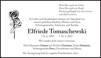 Traueranzeige von Elfriede Tomaschewski von Süddeutsche Zeitung