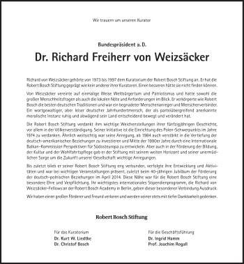 Traueranzeige von Richard von Weizsäcker von Süddeutsche Zeitung