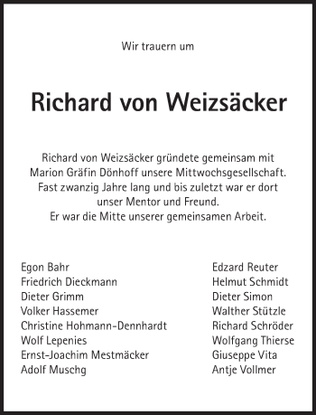 Traueranzeige von Richard von Weizsäcker von Süddeutsche Zeitung