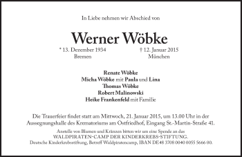 Traueranzeige von Werner Wöbke von Süddeutsche Zeitung