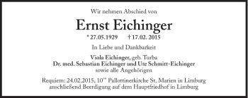 Traueranzeige von Ernst Eichinger von Süddeutsche Zeitung