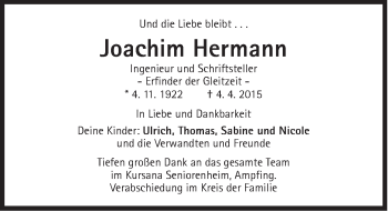 Traueranzeige von Joachim Hermann von Süddeutsche Zeitung