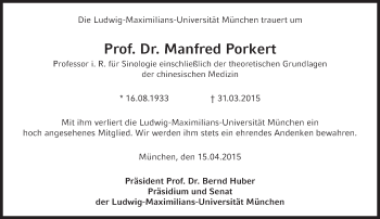 Traueranzeige von Manfred Porkert von Süddeutsche Zeitung