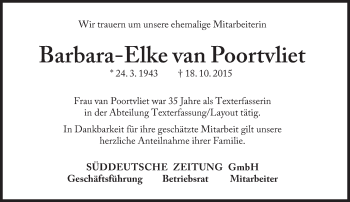 Traueranzeige von Barbara-Elke van Poortvliet von Süddeutsche Zeitung