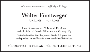 Traueranzeige von Walter Fürstweger von Süddeutsche Zeitung