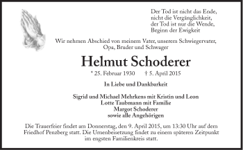 Traueranzeige von Helmut Schoderer von Süddeutsche Zeitung