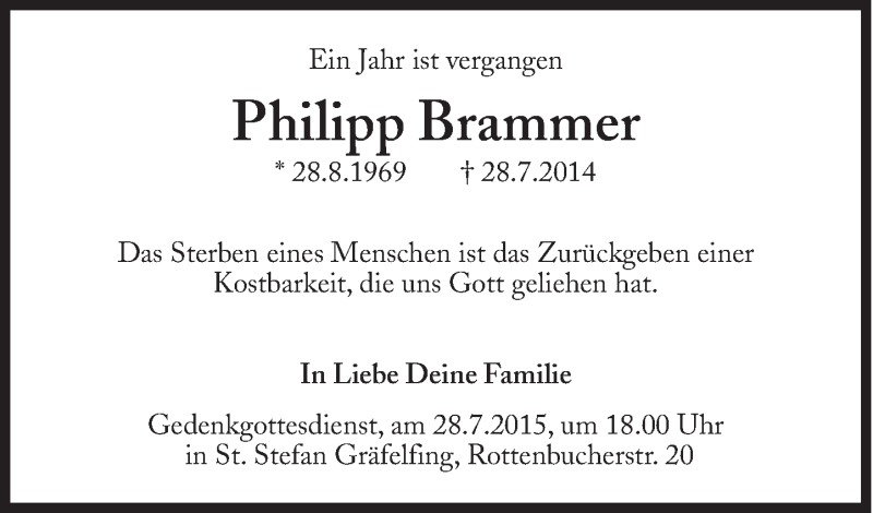  Traueranzeige für Philipp Brammer  vom 28.07.2015 aus Süddeutsche Zeitung