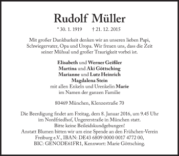 Traueranzeige von Rudolf Müller von Süddeutsche Zeitung
