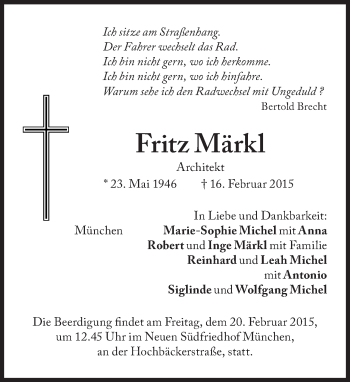 Traueranzeige von Fritz Märkl von Süddeutsche Zeitung